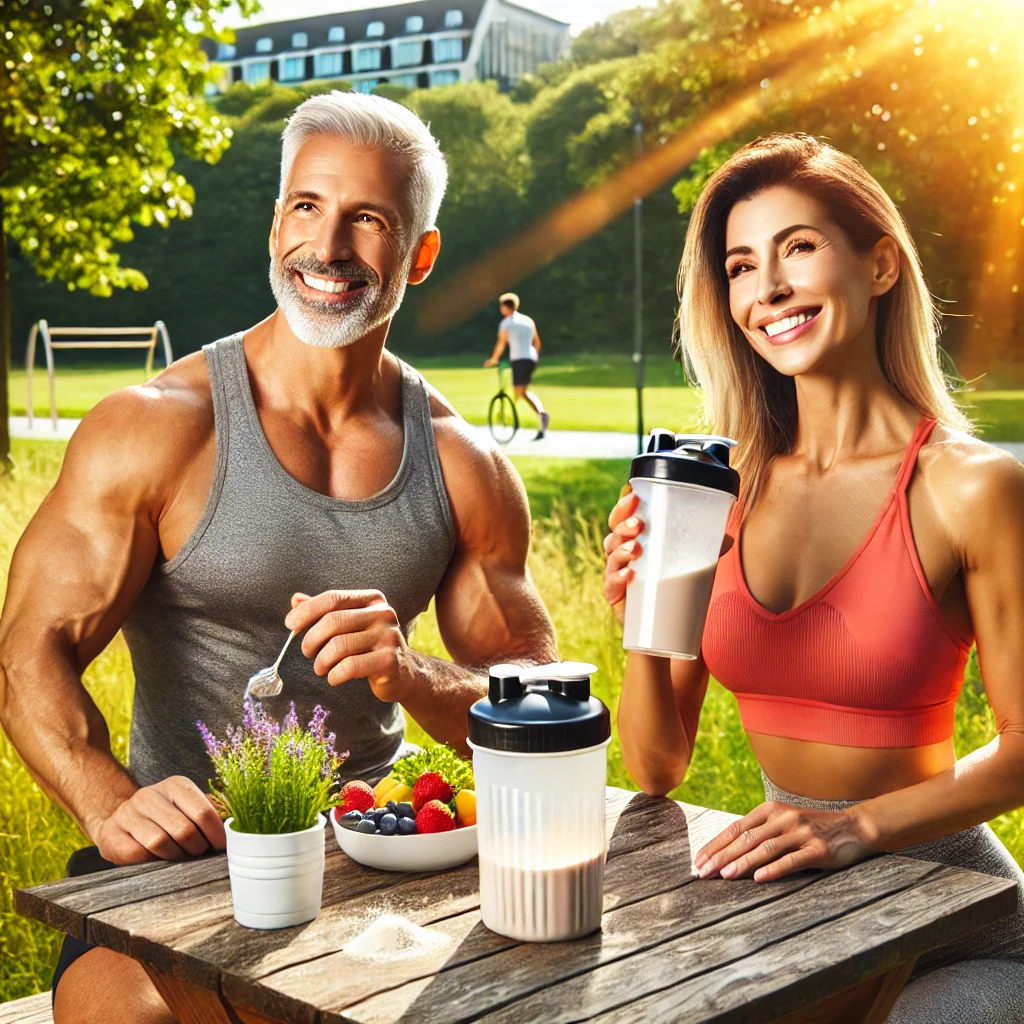 A vibrant and healthy lifestyle scene featuring a fit middle-aged man and woman enjoying a protein shake outdoors. They are dressed in activewear, smiling, and looking energized. The background showcases a sunny park with green trees and a jogging path. On a wooden picnic table nearby, there are protein powder containers, a shaker bottle, and a bowl of fresh fruits. The atmosphere is bright, uplifting, and full of vitality.