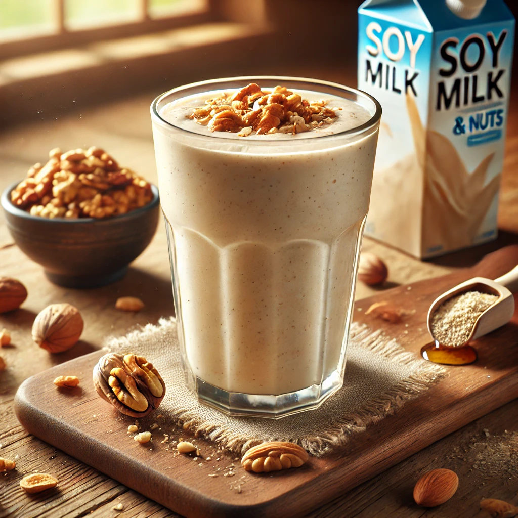 A highly realistic photograph of a protein smoothie made with soy milk and nuts, served in a clear glass. The smoothie has a creamy, slightly thick texture with a natural beige color. It is topped with crushed almonds and walnuts, with a drizzle of honey for a touch of sweetness. Next to the glass, there is a small bowl filled with mixed nuts, a soy milk carton, and a scoop of protein powder on a wooden kitchen countertop. The lighting is warm and natural, enhancing the fresh and healthy aesthetic.